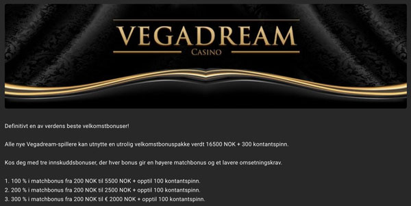 Vegadream Casino 300% casino bonus opptil 2000 kr