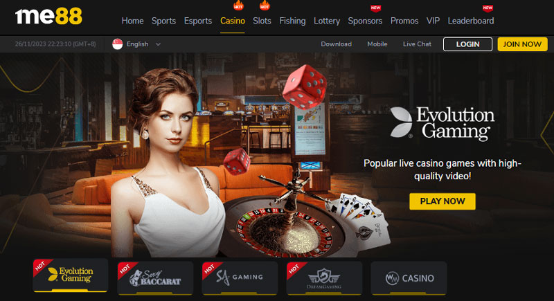 Me88 Online Live Casino Singapore Website Lobby Screenshot